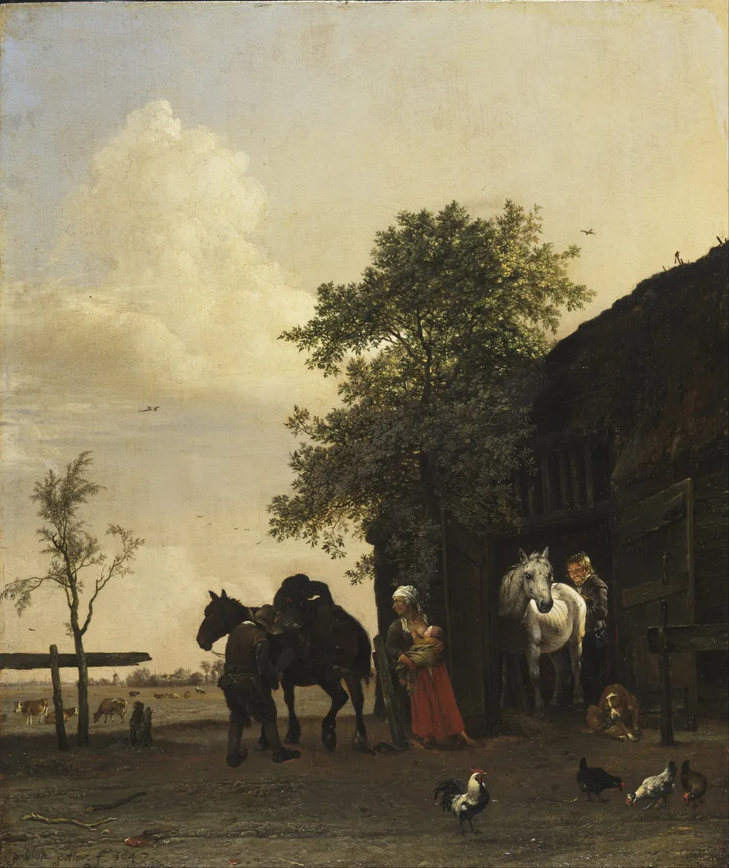 Figures with Horses by a Stable, by Paulus Potter, oil, 1647
