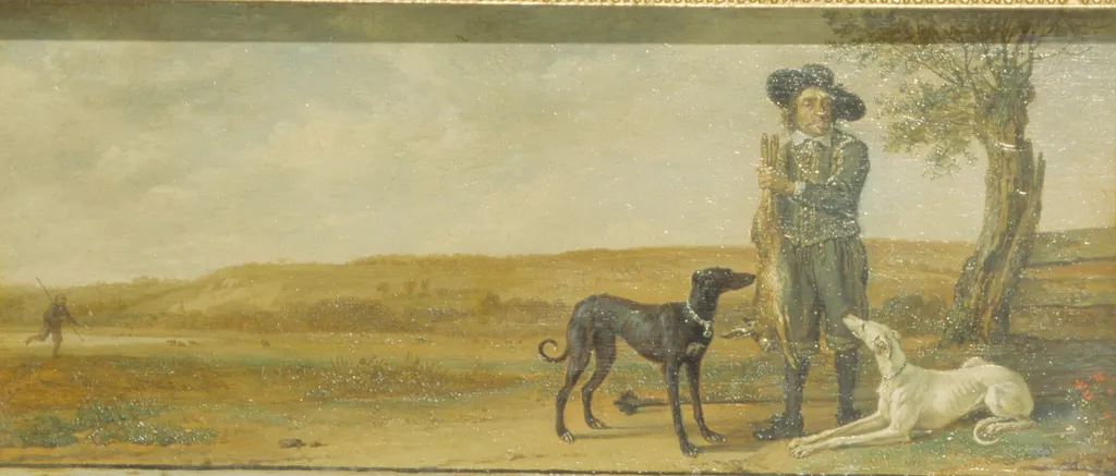 Hunter and Hounds with Dead Hare, by Paulus Potter, oil, 1650