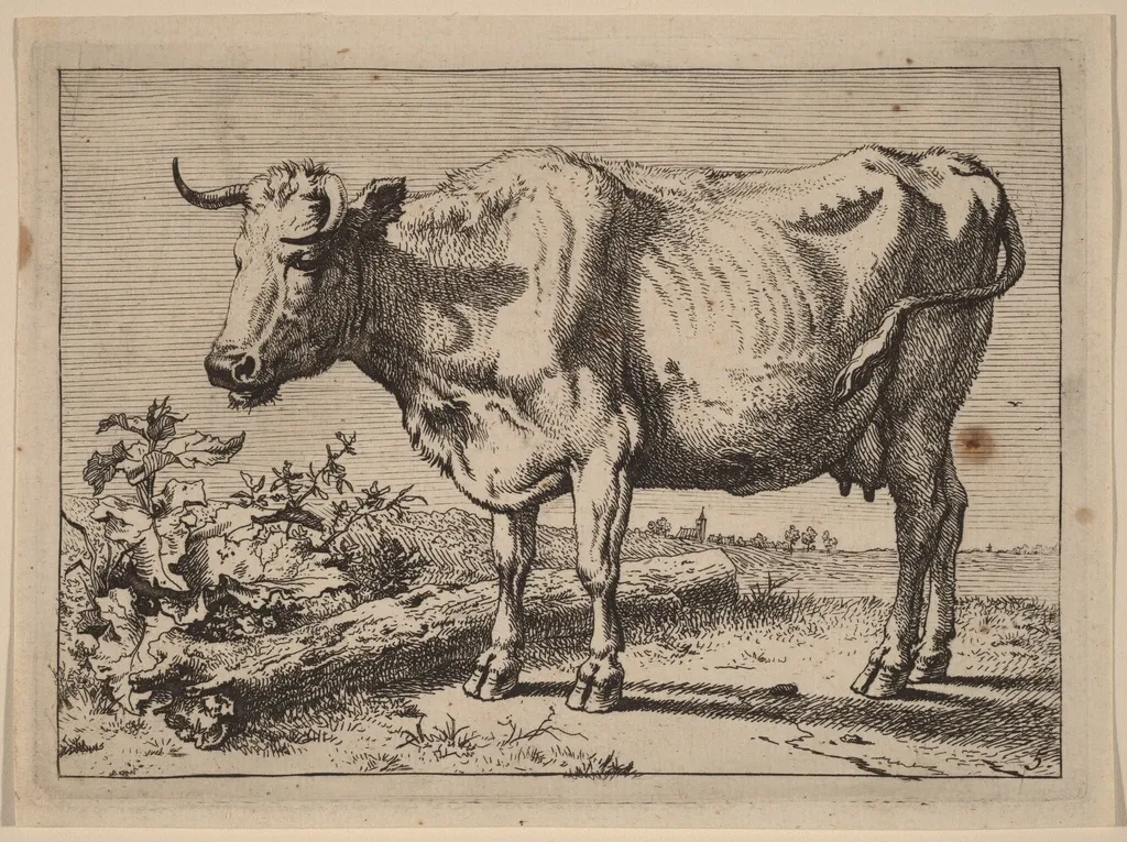 Standing Cow (Cow with a Crumpled Horn), by Paulus Potter, ink, 1650
