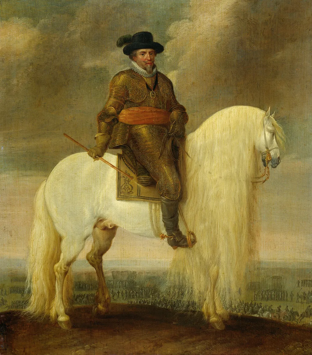 Prince Maurits astride the white warhorse presented to him after his victory at Nieuwpoort, by Paulus van Hillegaert, oil, 1633