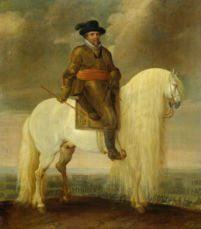 Prince Maurits astride the white warhorse presented to him after his victory at Nieuwpoort