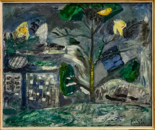 Peisaj cu pomi și pasăre roșie, by Pavel Codiță