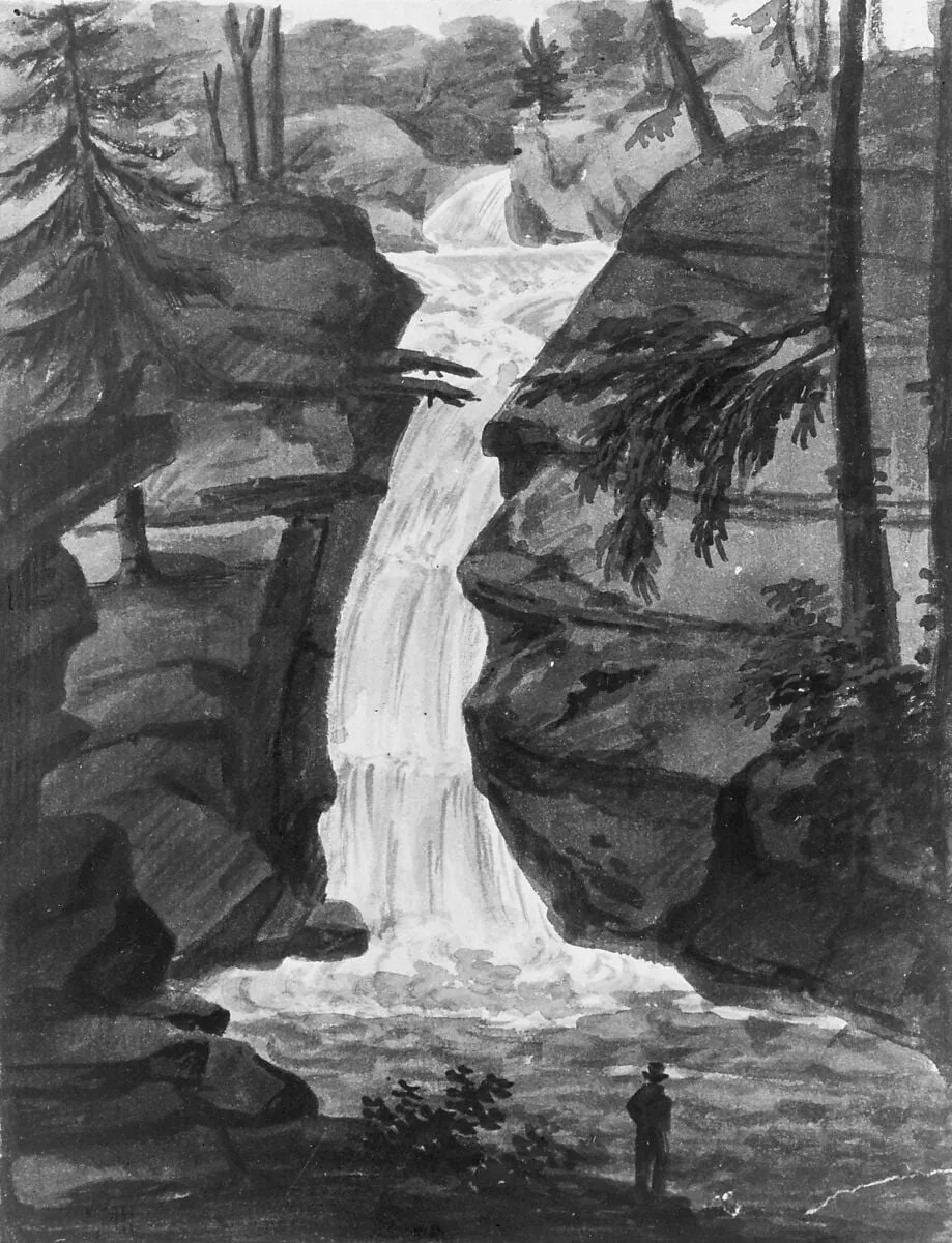 Upper Falls of Solomon's Creek (after an Engraving in The Port Folio Magazine, December 1809), by Pavel Petrovich Svinin, watercolor, 1811