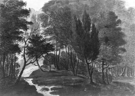 A Woodland Scene (The Sun Reflecting on the Dew, a Garden Scene: Echo, Pennsylvania, A Place belonging to Mr. D. Bavarage, 1808), by Pavel Petrovich Svinin|William Russell Birch