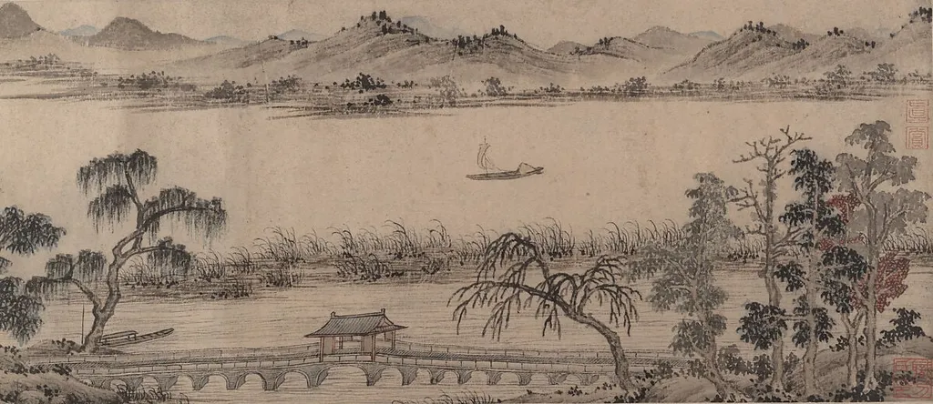 明 佚名 仿趙孟頫 垂虹亭圖 卷|Pavilion of the Hovering Rainbow Bridge, ink, 1549