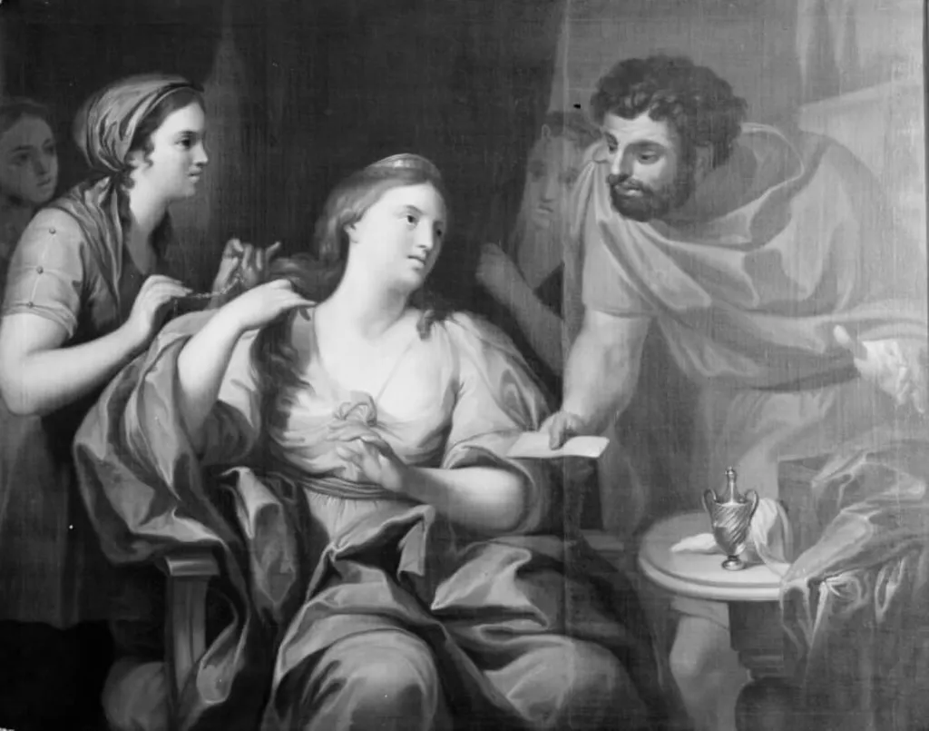 Dronning Semiramis som sværger ikke at ville rede sit hår før hun har underkuet et oprør, by Peder Als, oil, 1758