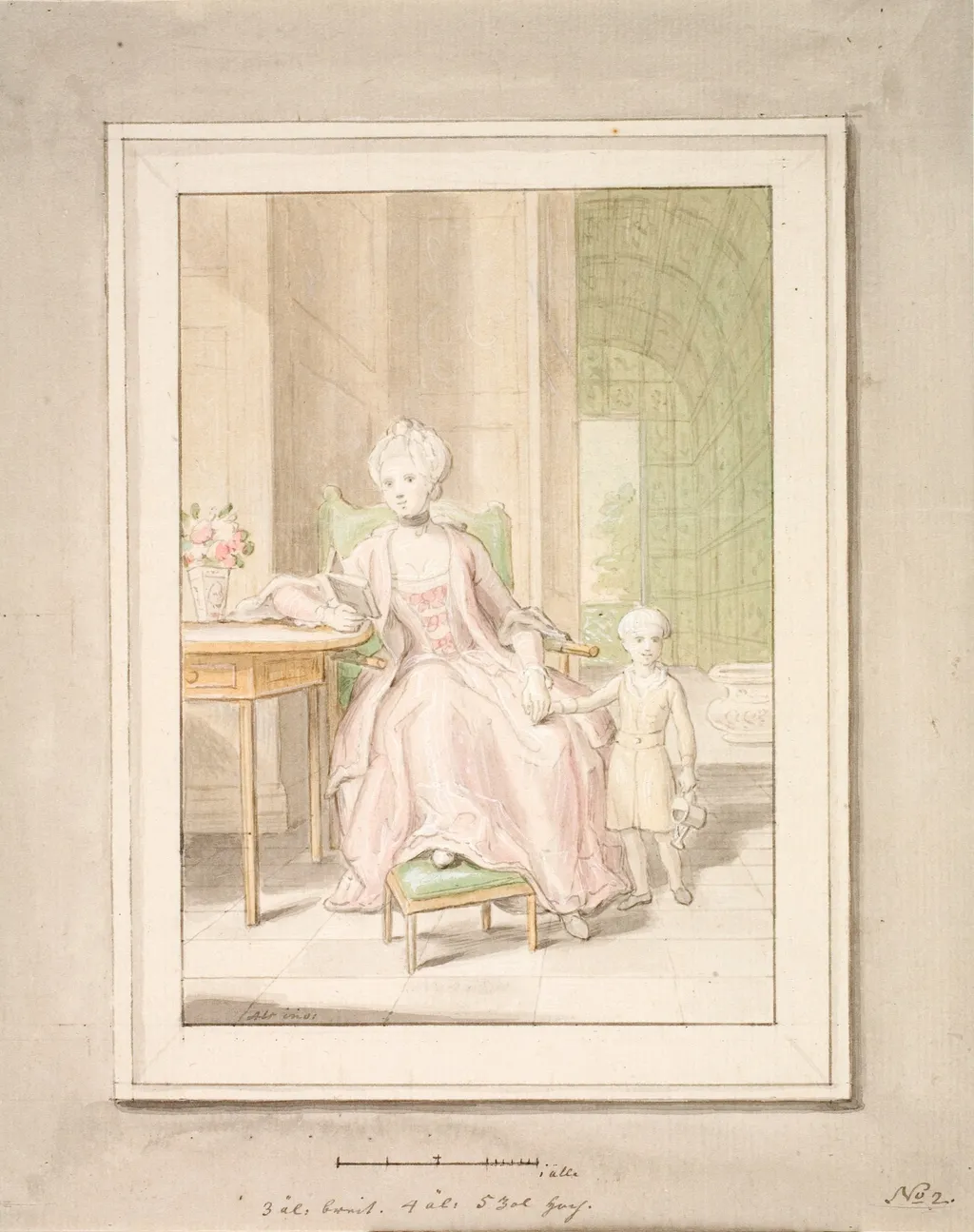 Queen Caroline Mathilde of Denmark with crown prince Frederik. Second sketch., by Peder Als, watercolor, 1771
