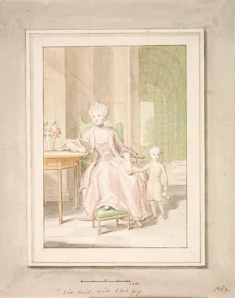 Queen Caroline Mathilde of Denmark with crown prince Frederik. Second sketch., by Peder Als