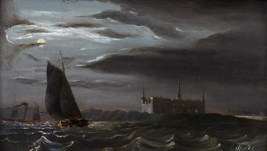 Schloss Kronborg im Mondschein, by Peder Balke, oil, 1840