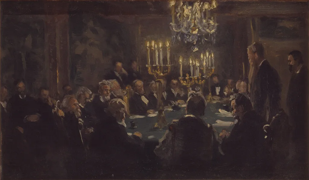 Kompositionsskitse til "Et Møde i Videnskabernes Selskab" i Videnskabernes Selskab, by Peder Severin Krøyer, oil, 1898