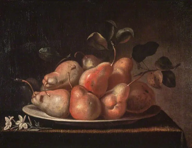 Still Life with Dish of Pears and a Sprig of Jasmine Blossom on a Ledge, by Pedro de Camprobin