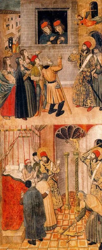Saint Sebastian speaking to Marcus and Marcellian and Saint Sebastian and Saint Polycarp destroying Idols, by Pedro García de Benavarre, oil, 1455