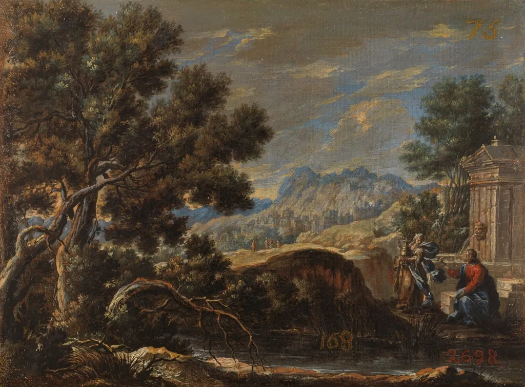 Cristo y la samaritana en un paisaje, by Pedro Rodriguez de Miranda, oil, 1740