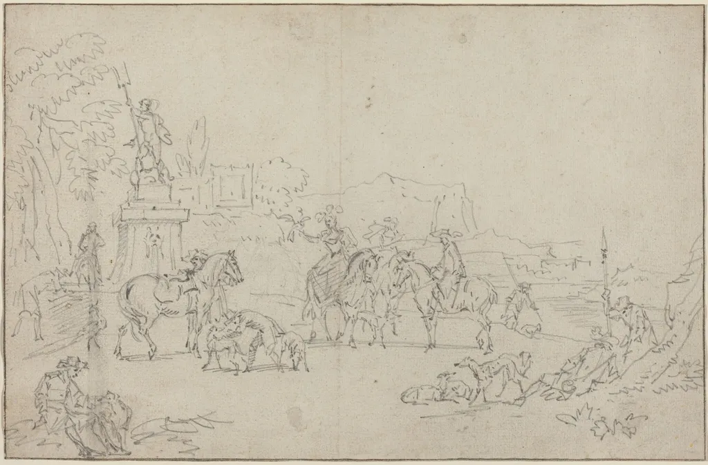 An Elegant Hunting Party Resting by a Fountain, by Peeter Bout, graphite, 1685