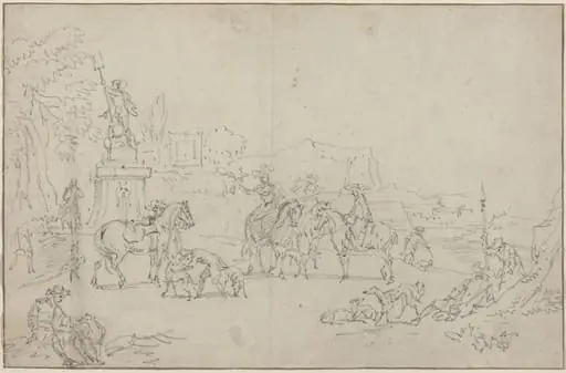 An Elegant Hunting Party Resting by a Fountain, by Peeter Bout