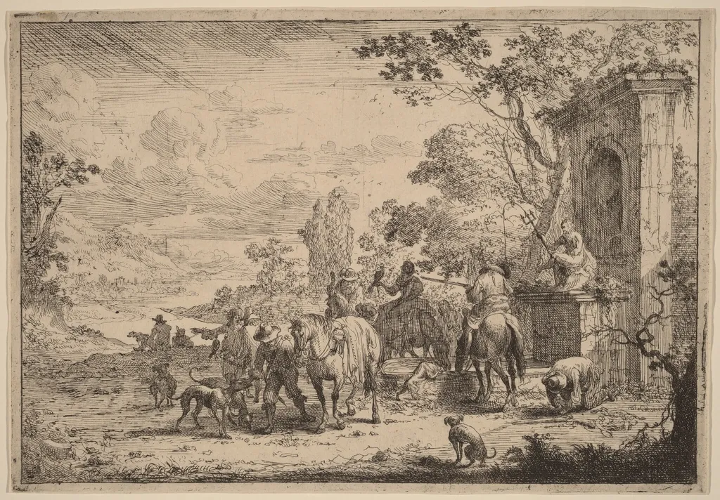 Huntsmen Resting, by Peeter Bout, ink, 1688