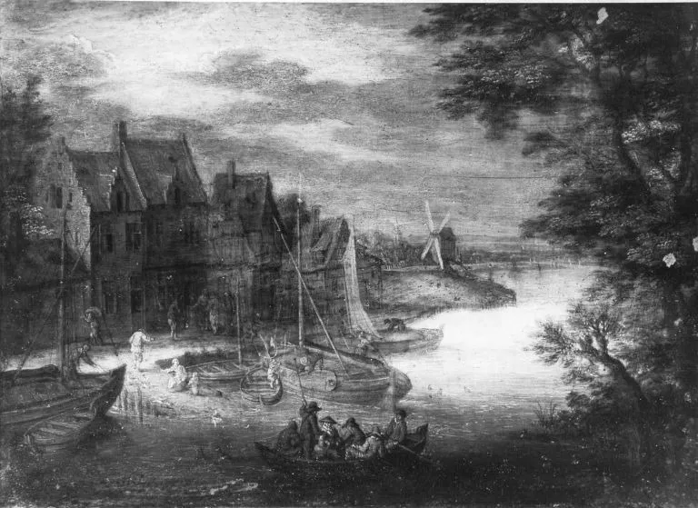 Dorfpartie am Ufer, by Peeter Gijsels, unspecified, 1655