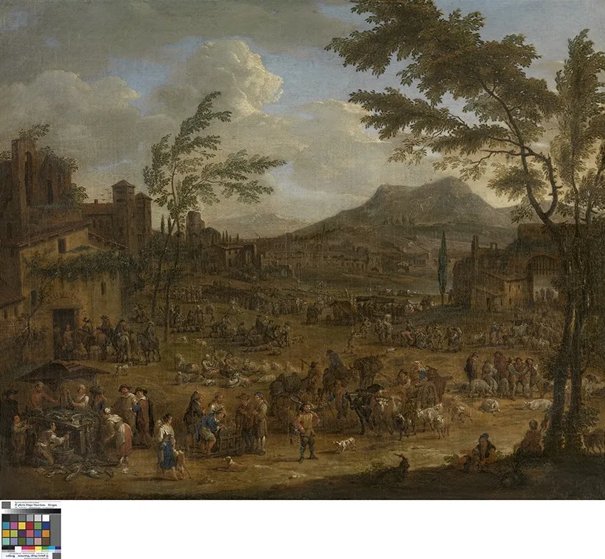 Italianate Landscape with a Market Scene, by Peeter van Bredael, oil, 1690