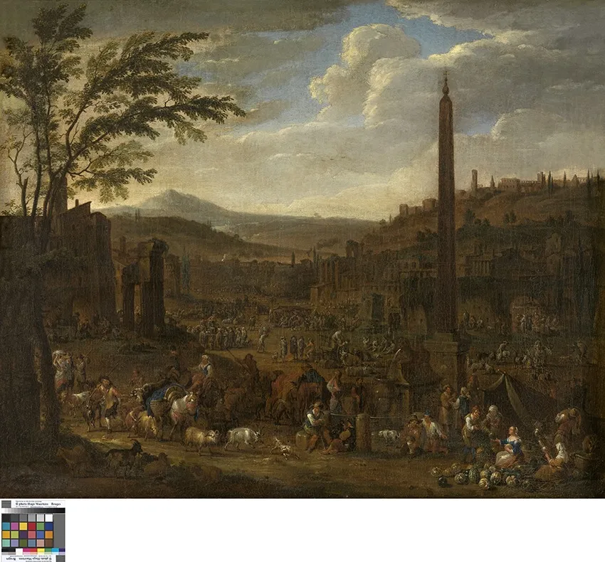 Italianiserend landschap met markttafereel, by Peeter van Bredael, oil, 1690