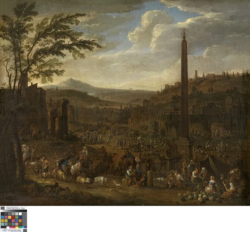 Italianiserend landschap met markttafereel