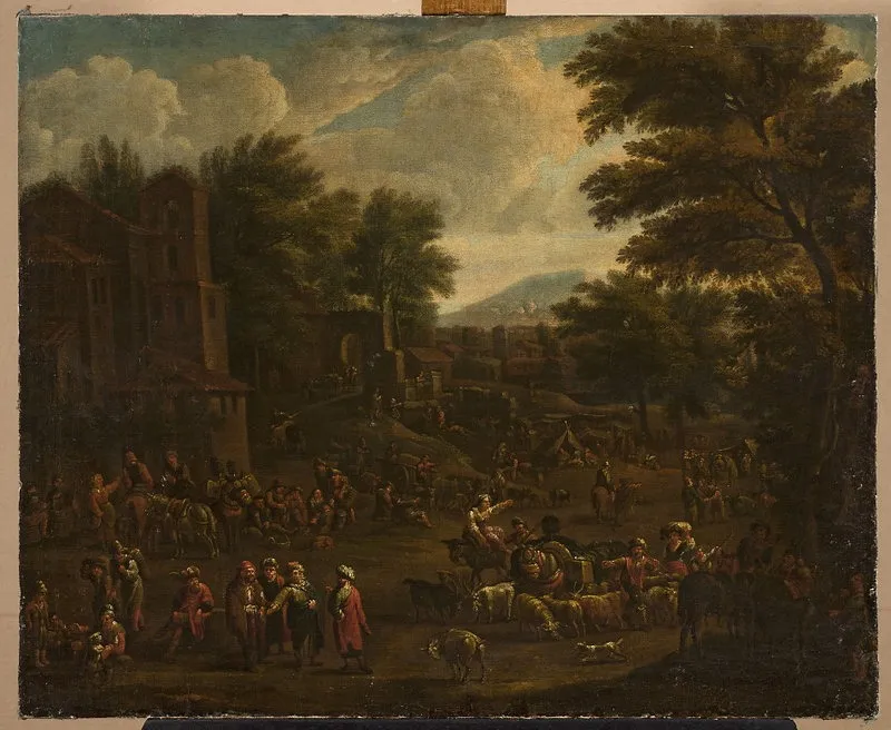 Marketplace, by Peeter van Bredael, oil, 1679