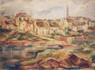 Peisaj cu case și minaret