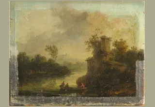 Peisaj cu râu și în dreapta castel cu ruine. Pandant: Peisaj cu râu și în stânga castel cu ruine, by Johann Christian Brand