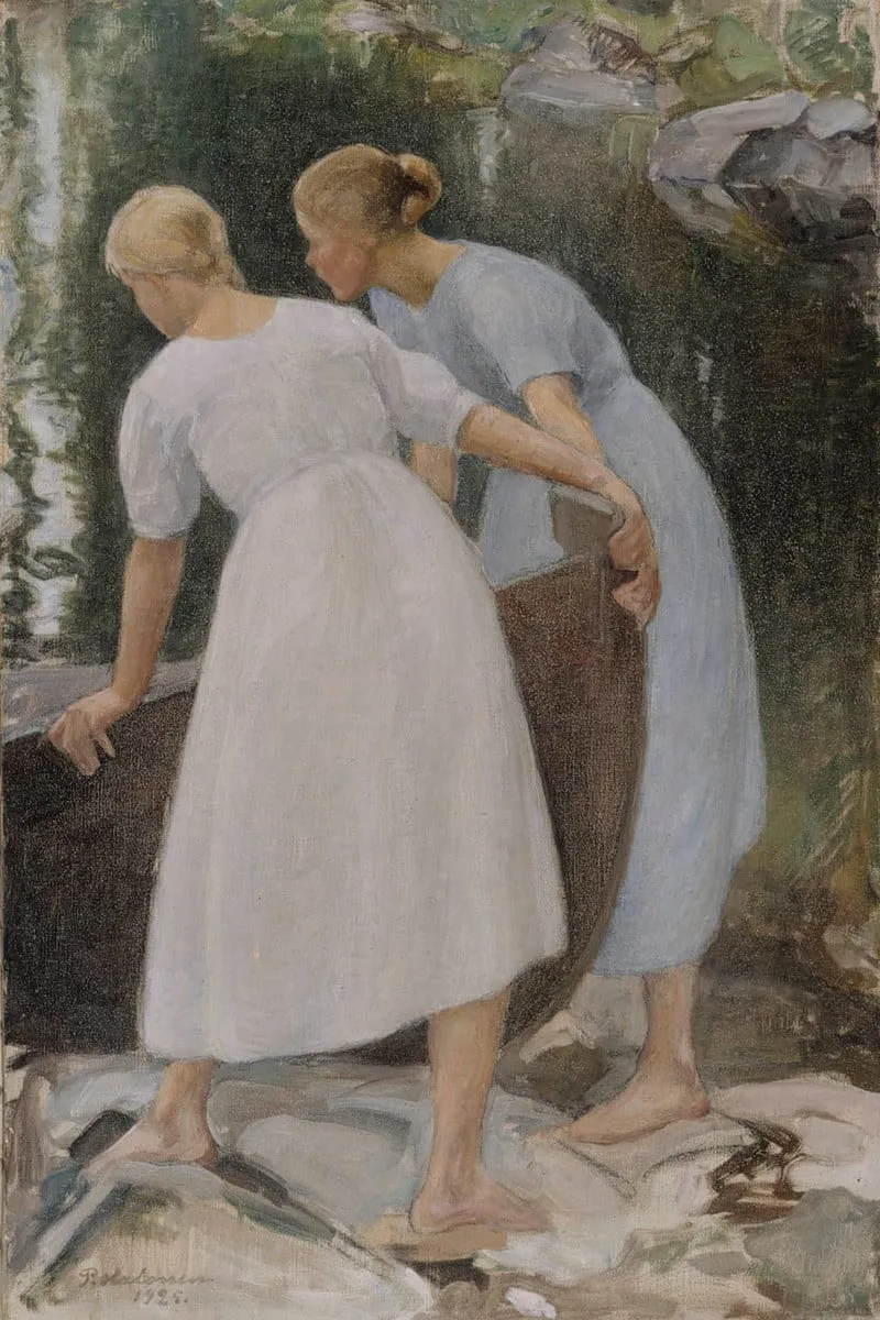Tyttöjä työntämässä venettä vesille, by Pekka Halonen, unspecified