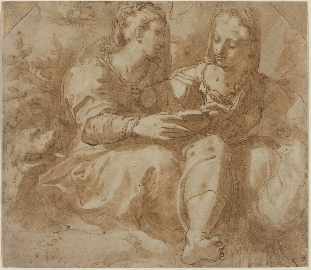 Two Seated Women, by Pellegrino Tibaldi, ink, 1562