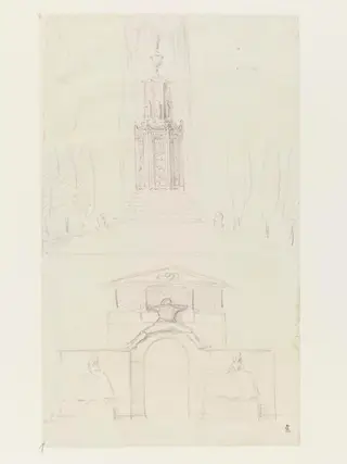 Pencil drawing of a fountain and entryway