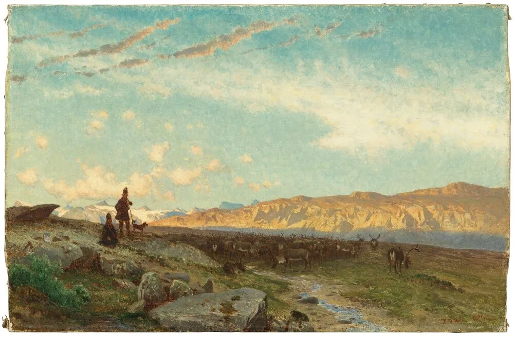 Laponian Landscape with Reindeer and Sami, by Per Daniel Holm, oil, 1871
