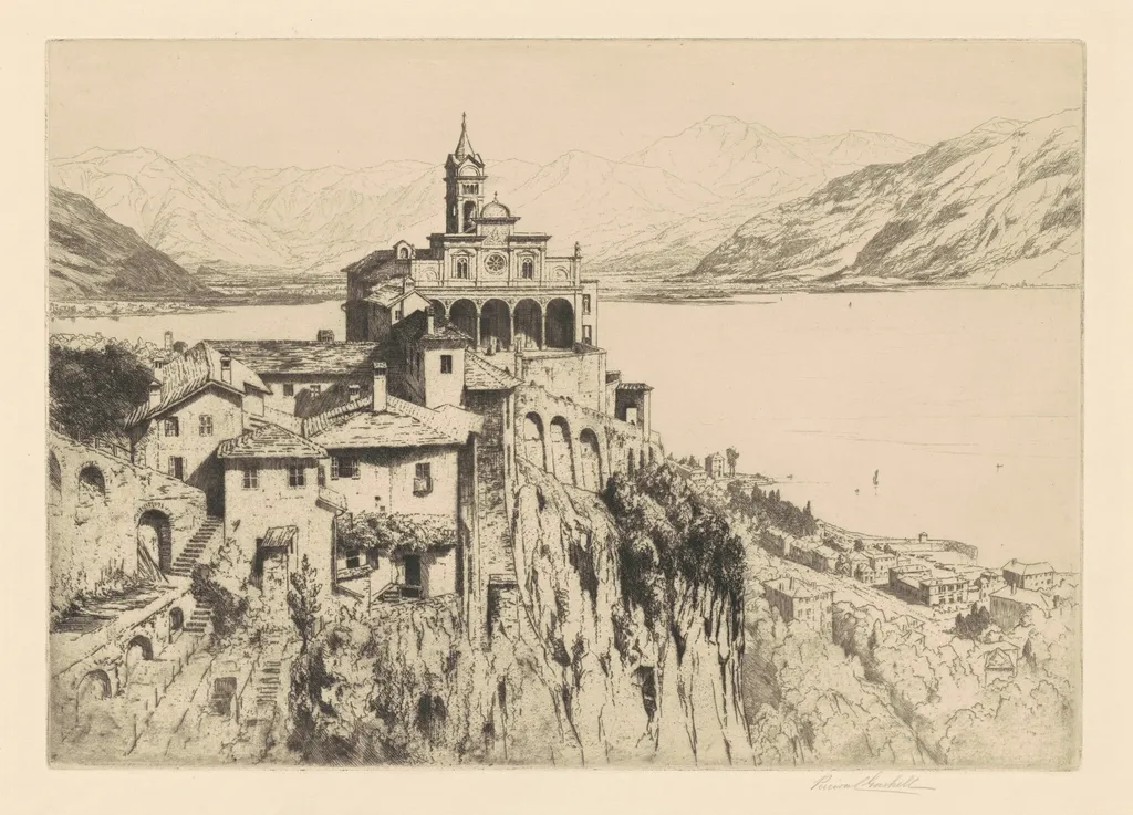 Santa Maria del Sasso, Locarno, by Percival Gaskell, ink, 1911