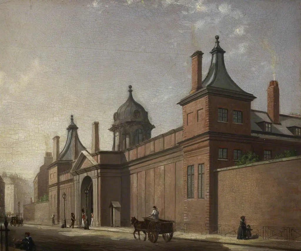 Montagu House, South-East Corner and Gateway, by Percy Carpenter, oil, 1841