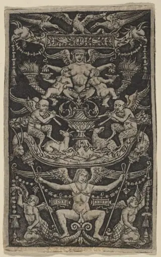 Panel of Ornament with a Satyress Feeding Two Children, by Peregrino da Cesena
