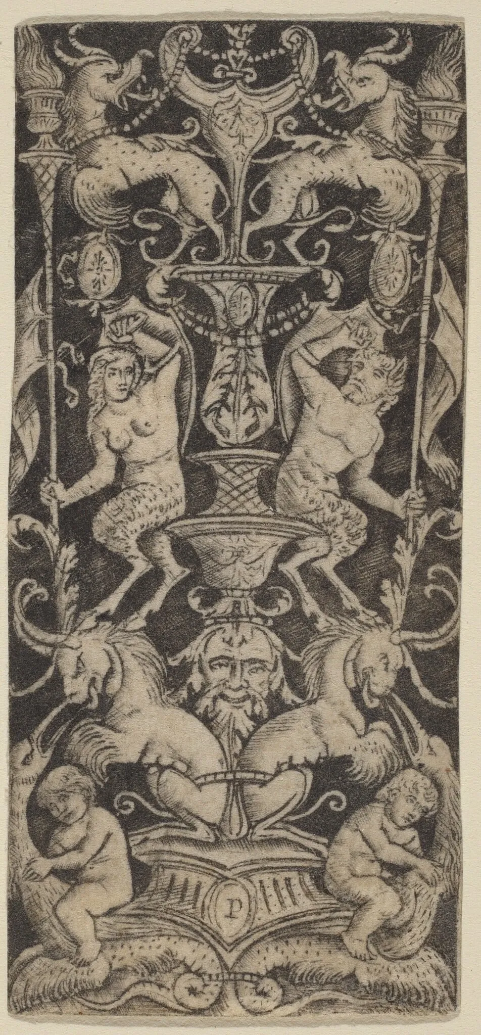 Panel of Ornament with Two Naked Children on Monstrous Beasts, by Peregrino da Cesena