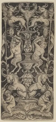 Panel of Ornament with Two Naked Children on Monstrous Beasts, by Peregrino da Cesena