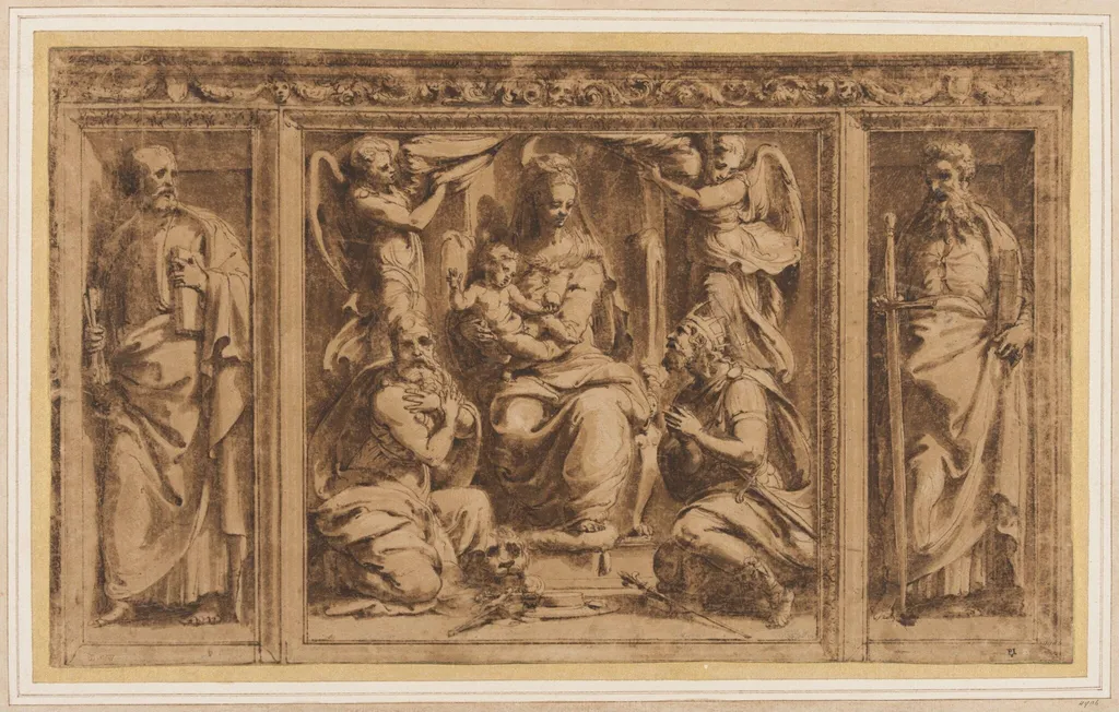 Design for three painted or sculptured panels in an ornamented frame: in the middle the Virgin and Child adorded by St Jerome and a king; to the left and right St Peter and St Paul, by Perino del Vaga, 1501