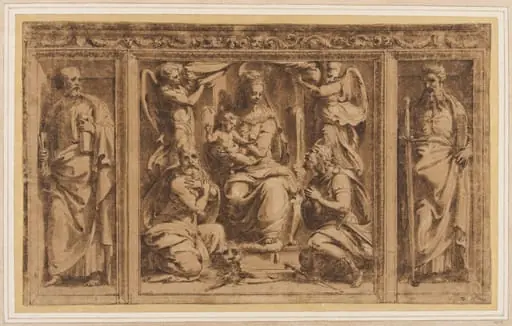 Design for three painted or sculptured panels in an ornamented frame: in the middle the Virgin and Child adorded by St Jerome and a king; to the left and right St Peter and St Paul, by Perino del Vaga