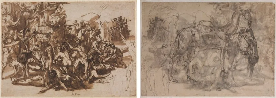 Poros Assailed by the Macedonian Army (recto); Sketches of Animals (verso), by Perino del Vaga, 1546