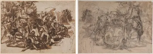 Poros Assailed by the Macedonian Army (recto); Sketches of Animals (verso), by Perino del Vaga