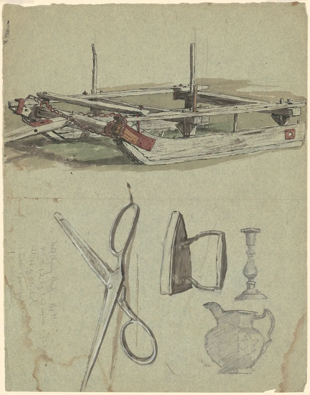 Studies of a Sled and Various Household Objects, by Perry, Enoch Wood, Jr., ink, 1880