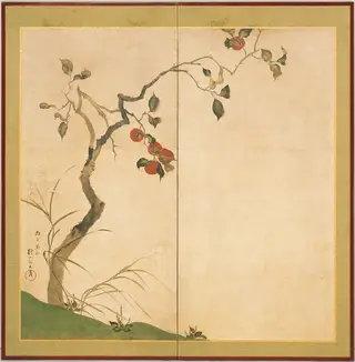 酒井抱一筆　柿図屏風|Persimmon Tree, by Sakai Hōitsu