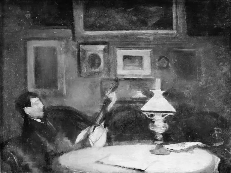 Interiør fra en stue, hvor en ung mand ligger henslængt i en sofa og spiller lut, aften, by Peter Alfred Schou, oil, 1900