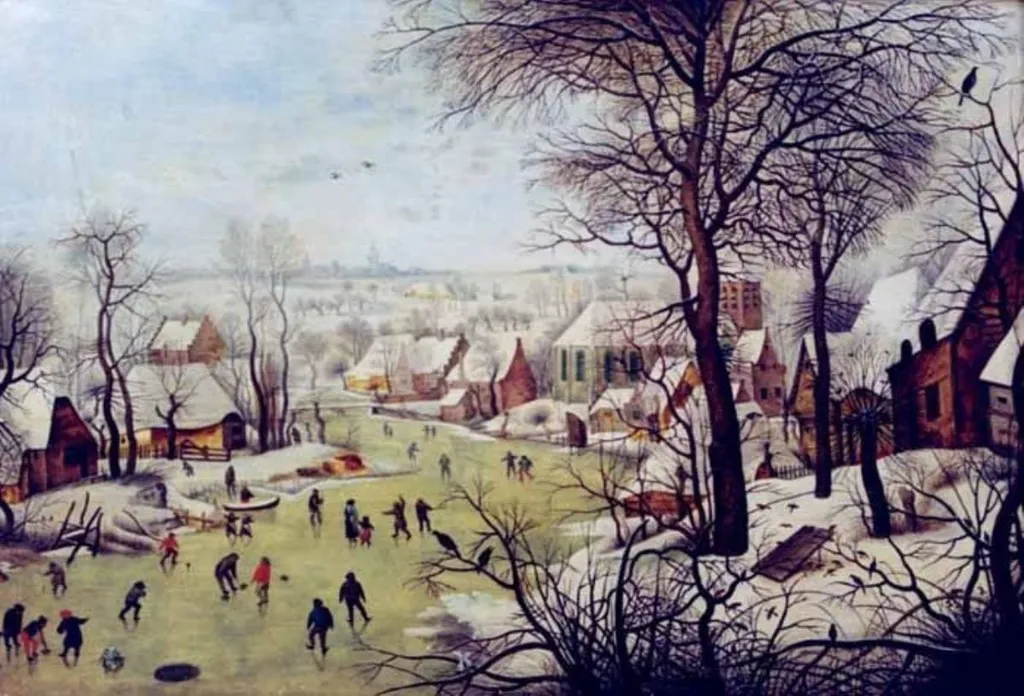 Peisaj de iarnă cu patinatori și cursă de păsări, by Peter Brueghel cel Tânăr, unspecified