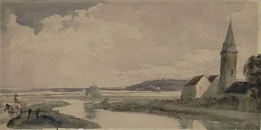 Church on the bank of a winding river, by Peter De Wint