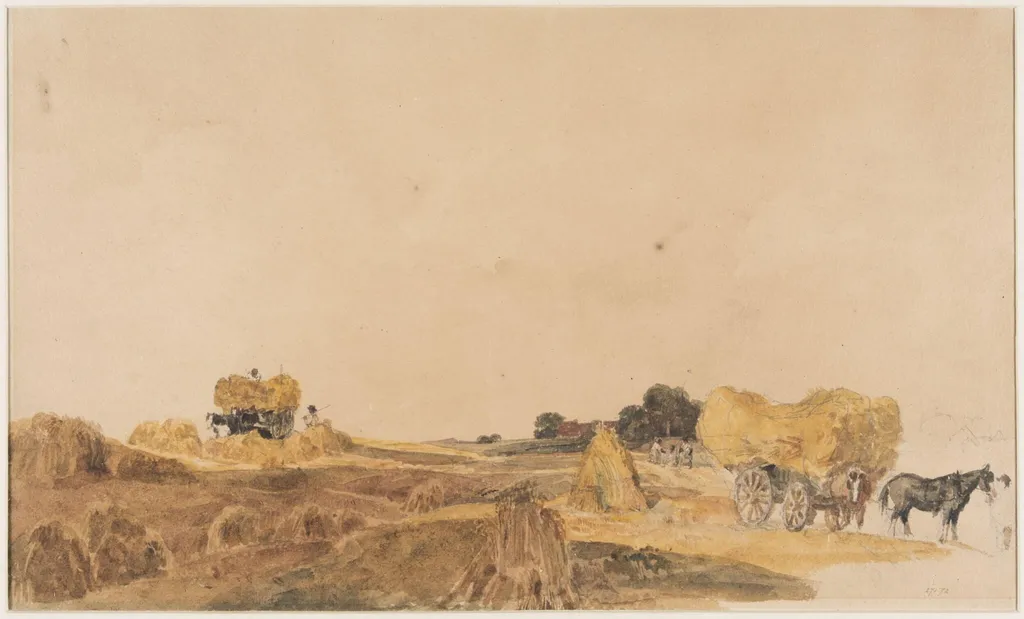 Cornfield with loaded wagons, near Lincoln, by Peter De Wint, watercolor, 1805