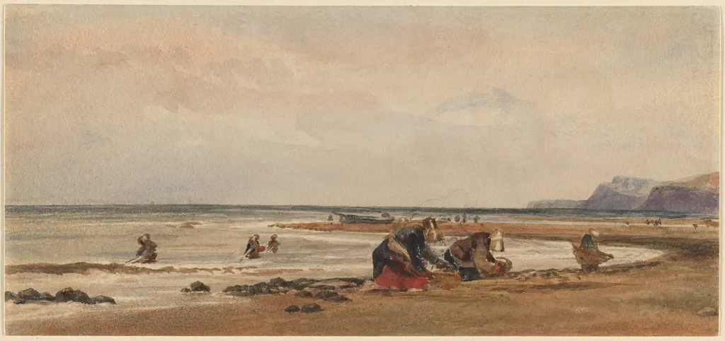 Seaweed Gatherers on the Shore at Redcar, Yorkshire, by Peter De Wint, watercolor, 1838