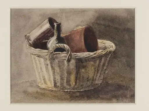 Still life with wicker basket, bottle and two brown vessels, by Peter De Wint