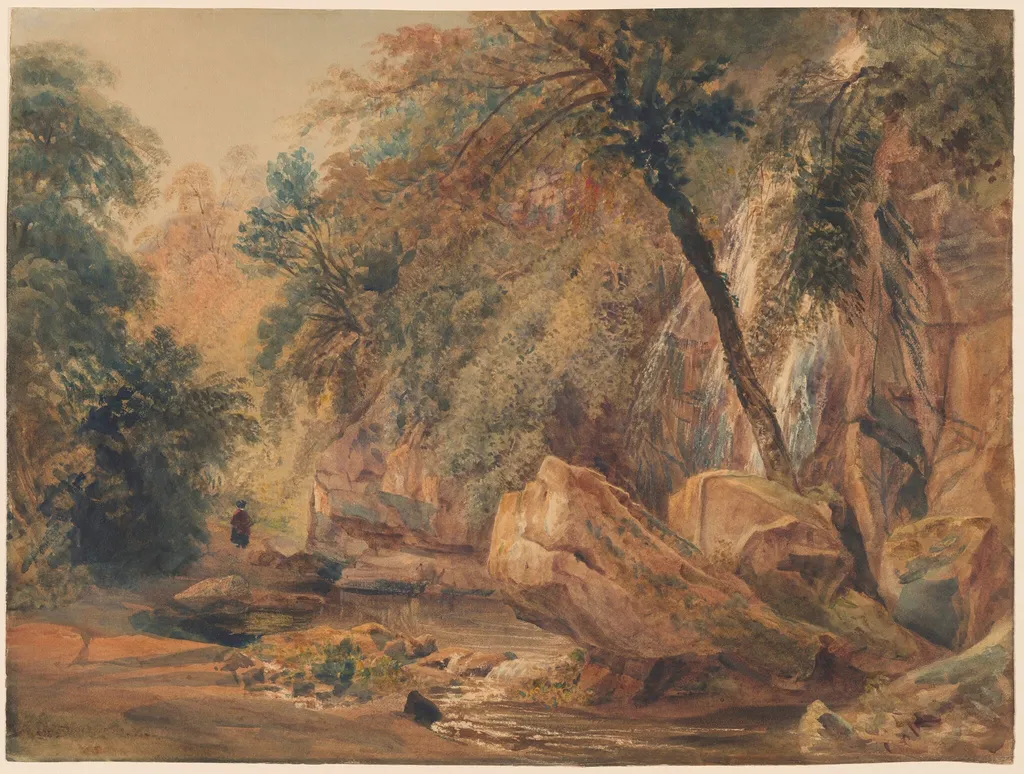 Waterfall in the Dingle at Badger Hall, by Peter De Wint, watercolor, 1841