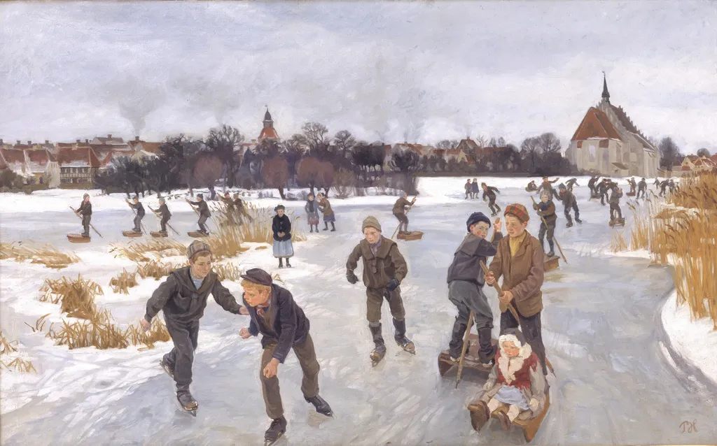 Children skating outside Fåborg, by Peter Hansen, oil, 1901